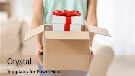  Presentation with gift - Slides enhanced with customers event - woman received gift in parcel background and a  colored foreground