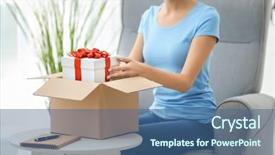  Presentation with gift - PPT theme featuring customers event - woman received gift in parcel background and a  colored foreground