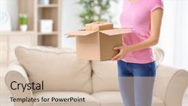  Presentation with home - Beautiful PPT theme featuring customers event - woman with parcel at home backdrop and a  colored foreground