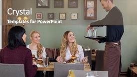  Presentation with worried young female college student - Beautiful presentation theme featuring customers having meal in restaurant backdrop and a violet colored foreground