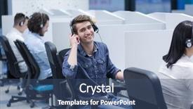  Presentation with young business people - Beautiful PPT theme featuring customers in a call center backdrop and a ocean colored foreground