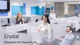  Presentation with young business people - Theme consisting of customers in a call center background and a light gray colored foreground