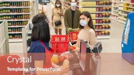 Presentation with queue - Colorful slide set enhanced with customers-in-supermarket-checkout-queue backdrop and a coral colored foreground
