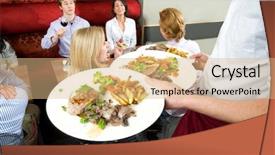  Presentation with restaurant waiter - Slides with customers of a restaurant background and a coral colored foreground