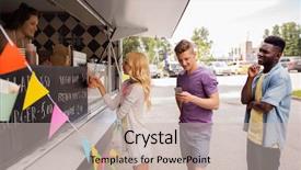  Presentation with food truck - Presentation theme consisting of customers queue at food truck background and a soft green colored foreground