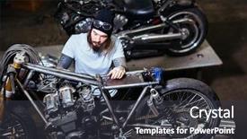  Presentation with working - Beautiful slide set featuring bike assembly - portrait of tattooed man working backdrop and a tawny brown colored foreground