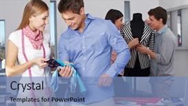  Presentation with fabric weave - Cool new PPT theme with customs office - attractive man gets fabric advice backdrop and a teal colored foreground