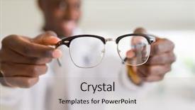  Presentation with lens - Amazing PPT theme having custumers at the optics shop backdrop and a mint green colored foreground