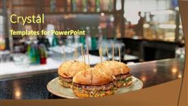  Presentation with burgers - Beautiful slide set featuring cut burgers with toothpicks on bar counter tasting backdrop and a tawny brown colored foreground