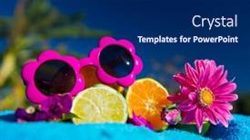  Presentation with fruit banana - PPT layouts enhanced with cut citrus fruit with bougainvillea on banana leafs background and a navy blue colored foreground