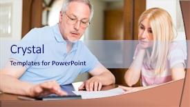  Presentation with cost cut - Presentation theme consisting of cut cost calculator - couple calculating their expenses together background and a sky blue colored foreground