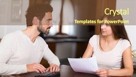  Presentation with cost cut - Audience pleasing slides consisting of cut cost calculator - couple calculating their expenses together backdrop and a tawny brown colored foreground