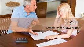  Presentation with cost cut - Slide deck with cut cost calculator - couple calculating their expenses together background and a coral colored foreground