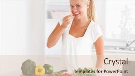  Presentation with kitchen equioment and utilises - Presentation theme enhanced with cut fruit vegetable - woman eating pepper in her background and a lemonade colored foreground