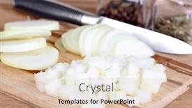  Presentation with cutting board - Cool new slide deck with cut onion on cutting board on wooden background backdrop and a lemonade colored foreground