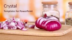  Presentation with onion - Theme consisting of cut onion on cutting board on wooden table on bright background background and a lemonade colored foreground