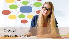  Presentation with mind - Beautiful presentation design featuring theather - businesswoman and colorful mind map backdrop and a coral colored foreground