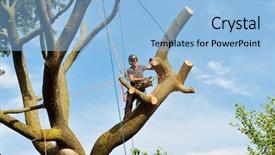  Presentation with chainsaw - Cool new slide deck with cut rope - tree removal arborist cutting big backdrop and a light blue colored foreground
