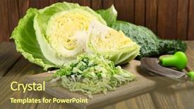  Presentation with cutting board - Presentation design enhanced with cut savoy cabbage on wooden background and a tawny brown colored foreground