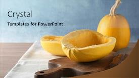  Presentation with spaghetti - Slide set consisting of cut spaghetti squash on wooden board background and a light blue colored foreground