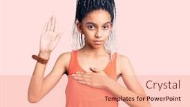  Presentation with hand palm - Presentation design enhanced with cute-african-american-girl-wearing background and a coral colored foreground