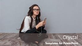  Presentation with asian music - PPT theme consisting of cute asian woman in glasses sitting on the wooden floor with phone and listening to music side view isolated gray background background and a gray colored foreground