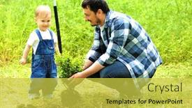  Presentation with tree planting - Audience pleasing PPT layouts consisting of cute baby boy planting tree with parent in garden backdrop and a yellow colored foreground