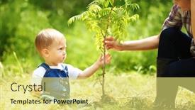  Presentation with tree planting - Cool new PPT theme with cute baby boy planting tree with parent in garden backdrop and a yellow colored foreground