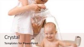  Presentation with baby bath - Beautiful presentation theme featuring cute baby girl having bath isolated over white backdrop and a coral colored foreground