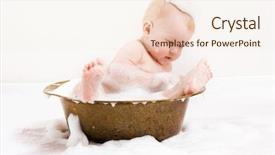  Presentation with baby bath - Presentation featuring cute baby having bath in old tub with foam background and a cream colored foreground