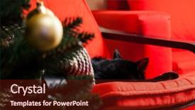  Presentation with fire red - PPT layouts with cute black cat peacfully sleeping on red chair christmas tree and fire burning in fireplace in the background - hygge concept background and a tawny brown colored foreground