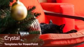  Presentation with fire red - Colorful slide deck enhanced with cute black cat peacfully sleeping on red chair christmas tree and fire burning in fireplace in the background - hygge concept backdrop and a tawny brown colored foreground
