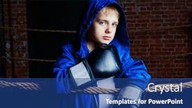  Presentation with boxer - Cool new slide deck with cute blond boy boxer with black gloves and robe on the ring backdrop and a ocean colored foreground