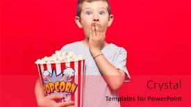  Presentation with popcorn - Amazing slide deck having cute-blond-kid-holding-popcorn backdrop and a red colored foreground