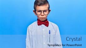  Presentation with angry kid - Cool new slide deck with cute-blond-kid-wearing-nerd backdrop and a light blue colored foreground