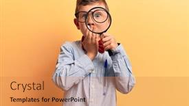  Presentation with magnifying glass - Presentation theme consisting of cute-blond-kid-wearing-nerd background and a coral colored foreground