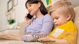  Presentation with working remotely - Cool new PPT theme with cute-blond-little-boy backdrop and a coral colored foreground