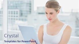  Presentation with blonde holding magnifying glass - Slides consisting of cute blonde in bright room holding digital tablet background and a sky blue colored foreground