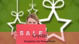  Presentation with christmas sale - Presentation theme having cute blonde showing a red sale poster against blurred christmas background background and a coral colored foreground