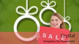  Presentation with christmas sale - Colorful PPT layouts enhanced with cute blonde showing a red sale poster against blurred christmas background backdrop and a coral colored foreground