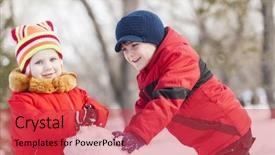 Presentation with snowman - Presentation design featuring cute boy and girl building snowman in winter park background and a red colored foreground