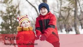  Presentation with snowman - Slide deck having cute boy and girl building snowman in winter park background and a red colored foreground