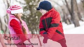  Presentation with snowman - Amazing PPT theme having cute boy and girl building snowman in winter park backdrop and a red colored foreground