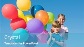  Presentation with balloons blue - Cool new slides with cute boy and girl playing with colorful balloons outdoor happy smiling children looking at camera with balloons happy sister and brother having fun with balloons with blue sky in background backdrop and a teal colored foreground