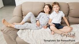  Presentation with childhood - Beautiful presentation theme featuring cute-boy-and-girl backdrop and a soft green colored foreground