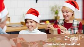  Presentation with grandparents - Colorful PPT layouts enhanced with cute boy giving small package to his sister by festive dinner with grandparents backdrop and a coral colored foreground