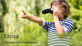  Presentation with binoculars at a lookout point - Amazing PPT theme having cute boy looking with binoculars backdrop and a yellow colored foreground
