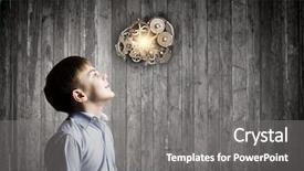  Presentation with mechanism - PPT layouts consisting of cute boy of school age looking up at gears mechanism background and a gray colored foreground