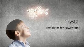  Presentation with mechanism - Audience pleasing slide set consisting of cute boy of school age looking up at gears mechanism backdrop and a light gray colored foreground