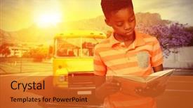  Presentation with pupils reading - Slides consisting of cute boy reading book in library against yellow school bus waiting for pupils background and a red colored foreground